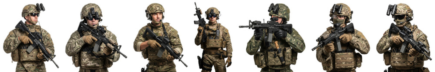 A group of soldiers in camouflage uniforms holding weapons, standing in a line, against transparent background