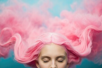 Young woman with vibrant pink hair flowing like a cloud in a serene pastel setting