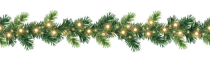 Seamless decorative christmas border with glowing lights and coniferous branches isolated on white background 