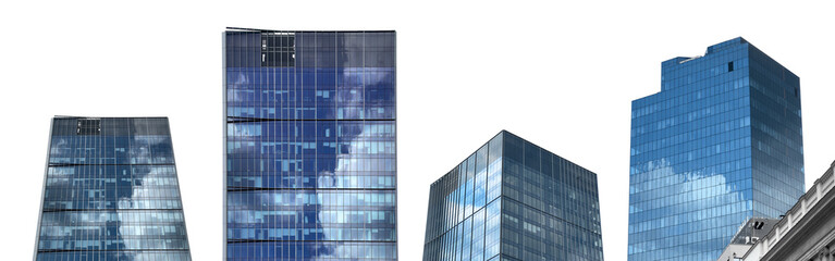Skyscraper building exterior. Modern glass tower with tall facade, blue reflection of sky and clouds
