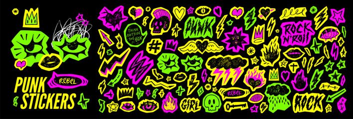 Neon colored y2k punk sticker collection. Crayon drawn rock and roll icons, punk text stickers. Marker scribbly rock grunge doodles for scrapbook, collage and zine design. Fire, lightning and hearts.