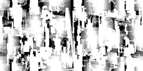 Glitch distorted grungy abstract forms . Cyber punk seamless pattern texture. Halftone dots .Futuristic background . Glitched shapes with dots and lines .Screen print endless pattern texture