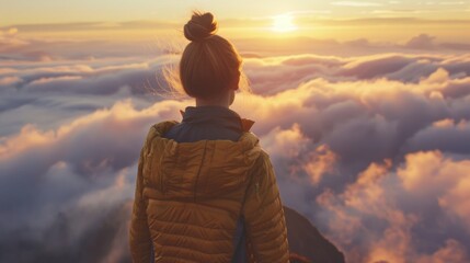 Woman contemplating sunrise above clouds from mountain peak