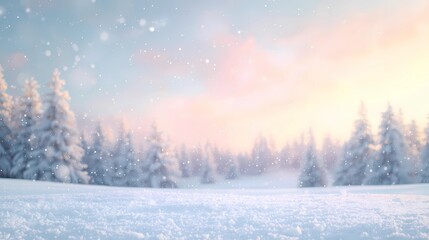Magical snow background with soft pastel sky, gentle snowfall, and blurred Christmas trees in distance. Clean lower area for text or product placement, dreamy 3D winter landscape, ultra-detailed photo