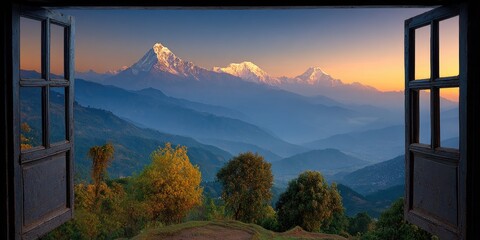 Majestic mountain peaks visible through an open window at sunrise.