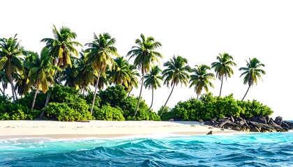 An isolated beach island paradise with palm trees, sand, and blue ocean