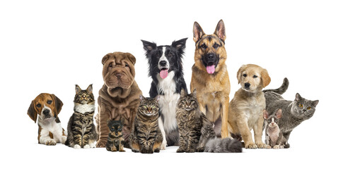 Group of various dogs and cats on transparent background