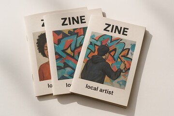 three zines printed on recycled paper, each featuring unique local artists, casually stacked on white background