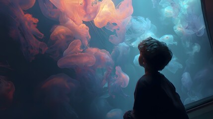 Young boy gazes in awe at glowing pink and blue jellyfish in dark aquarium tank child watching