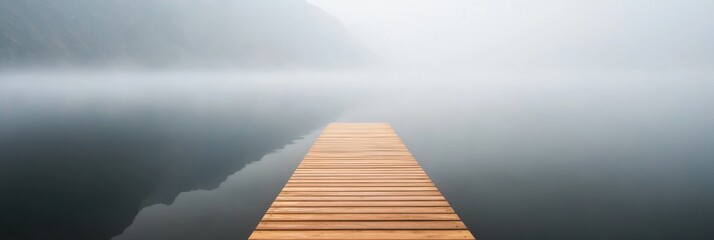 Tranquil wooden dock extending into foggy, serene lake landscape