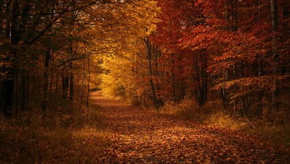 Autumn-colored forest with a leaf-covered path, showcasing seasonal change