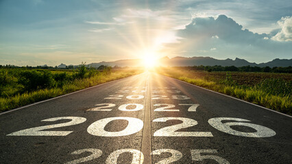 Happy new year 2026,2026 symbolizes the start of the new year.word 2026,2025,2027 written on the road at sunset.Concept of planning and challenge,career path,business strategy,opportunity,start change