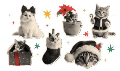 Vintage Christmas and New year halftone collage paper cut out stickers set. Funny cutouts with cats playing with candy cane, poinsettia, stocking, gift box. Retro vector illustration isolated