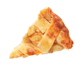 Piece of delicious homemade apple pie isolated on white, top view