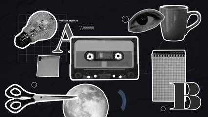 Monochrome Collage Elements Retro Halftone Texture Vector Design Pack