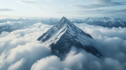 Snowcapped mountain peak rising above a sea of clouds in the alps