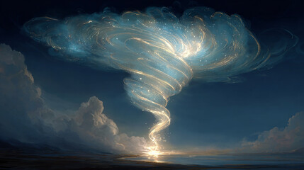 glowing tornado spiraling into a radiant vortex of light across a vast cinematic horizon. The image captures the dynamic energy of nature and technology merging — a symbol of transformation, power, an