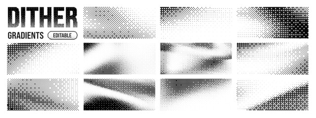 Gradient pixel bitmap dither with background bit set and bg pattern game. Halftone shape effect with duotone tone gradation mosaic and square speckle video. Retro arcade blend with geometry dithering