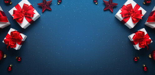 Merry Christmas and Happy Holidays greeting card, frame, banner. New Year. Noel. Red and white Christmas decorations and gifts on blue background top view. Winter xmas holiday celebration theme.