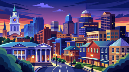 Very beautiful historic downtown Lexington, Kentucky, USA, cityscape at blue hour, featuring illuminated streets, classic architecture, and a serene twilight sky over the urban landscape.