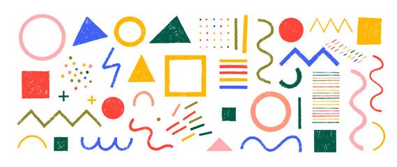 Funky crayon drawn geometric shapes and doodle lines. Colorful pencil or chalk drawn naive Swiss design aesthetic. Basic geometric shapes, dots, playful pattern, primitive forms and figures.