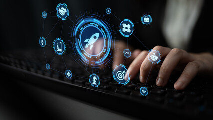 Startup launch and business growth concept, rocket symbolism, entrepreneurship, startup innovation, and early-stage success strategies for new business development and expansion. Entice