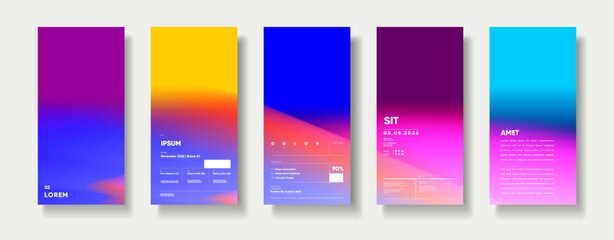 A set of five modern, colorful gradient posters with abstract designs and text elements. Each design incorporates minimalist typography and geometric elements