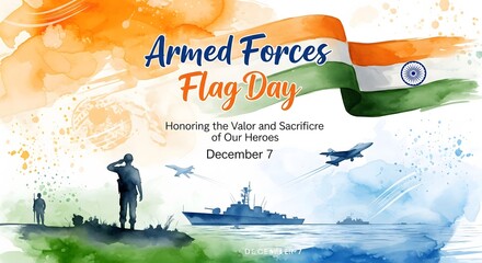 Indian armed forces flag day watercolor illustration with flag and silhouettes
