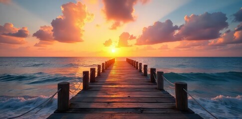 Rustic wooden pier stretches out over calm ocean water at sunset, creating a tranquil and picturesque scene Ideal for travel, vacation, or coastal themed projects , coastal, landscape, travel