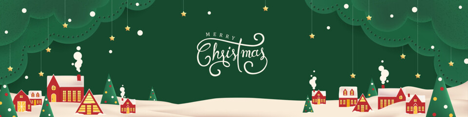 Green Merry christmas and happy new year greeting card banner paper art style with snowy winter landscape red village and forest scene for holiday celebration and festive background
