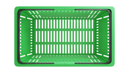 Plastic shopping basket on an isolated background. Empty store basket. Supermarket shopping cart concept. 3D rendering.