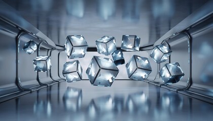 A futuristic scene featuring floating ice cubes in a sleek, metallic corridor, showcasing a blend of technology and artistry.