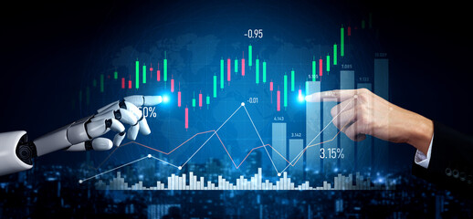 A human hand and a robotic hand point at ascending stock market graphs, symbolizing collaboration between technology and finance in data-driven decision making. Scalp