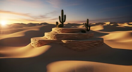 Warm orange sunset silhouettes a person walking on a sandy desert beach where the sky meets the ocean water and distant mountains