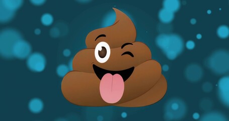 Showing brown poop emoji winking and sticking tongue out on dark teal background, with bokeh lights