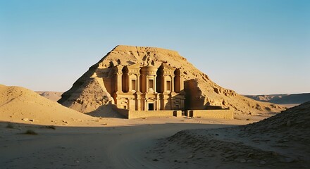 Ancient Egyptian Temple Carved into Sandstone Cliff in Desert.