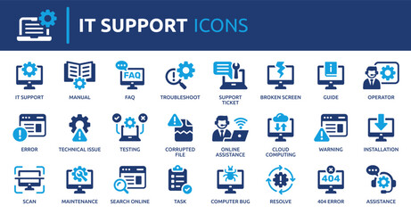 Collection of IT support and troubleshooting icons, including error alerts, maintenance, online assistance, installation, cloud computing, FAQ and more.