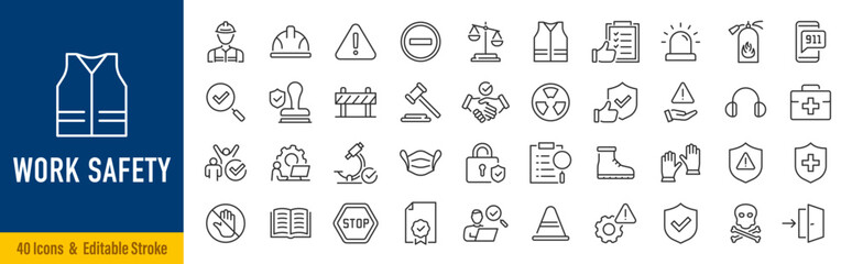 Work Safety web icons in line style. Protection, risk management, workplace security, insurance, health, hazard, helmet. Editable stroke. Vector illustration.
