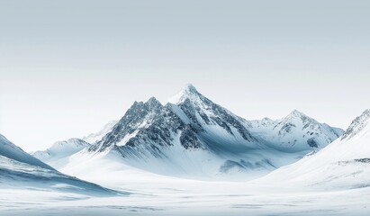 Abstract and minimalist snow capped mountain surrounded by symmetry in the center of snowy mountains against a clean background with white space.