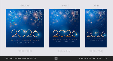 Happy New Year 2026 and Merry Christmas corporate blue social media backgrounds with fireworks - Templates for company marketing stories, square, portrait posts