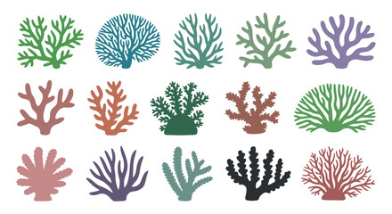 Set of various multicolored stylized sea corals vector illustration in different shape isolated on white background design underwater