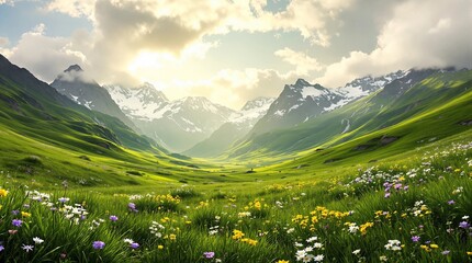 Breathtaking mountain meadow landscape with wildflowers and snow capped peaks in summer