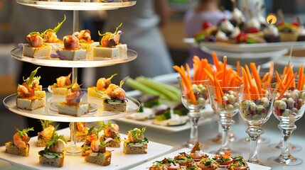 Elegant Tiered Platter of Gourmet Canapés with Shrimp and Assorted Appetizers at a Sophisticated Event