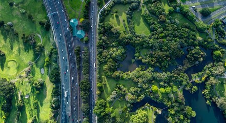 Aerial view of Western Springs Park, New Zealand, showcasing the juxtaposition of urban infrastructure and natural beauty. A busy highway runs alongside lush parkland.