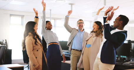 Corporate, people and hand stack in office for motivation, teamwork and celebration of success. Smile, staff and partnership for agreement, collaboration and solidarity support of company achievement