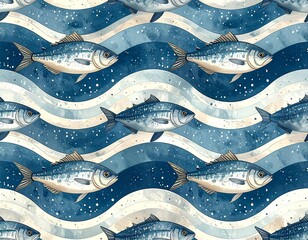 seamless pattern with blue and white stripes background and fishes