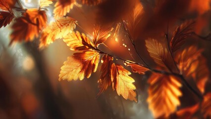 Close-up of orange autumn leaves lit by sunlight against a warm, blurred background. Concept Autumn leaves close-up, Sunlit orange foliage, Golden hour bokeh background, Nature photo detail