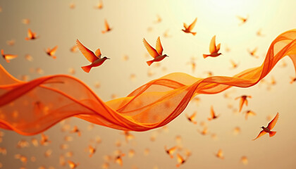International Day for the Elimination of Violence against Women. Flying birds with a joyful mood among orange ribbons in an abstract background