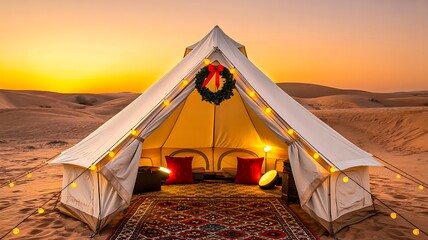 Luxury glamping tent with christmas wreath and lights in desert at sunset 