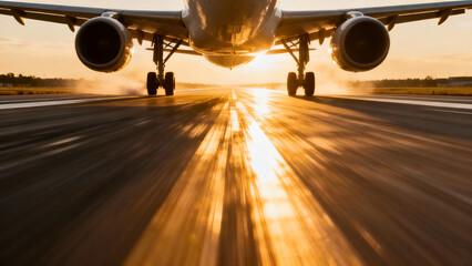An airplane is seen taking off on a runway during sunset, with golden light reflecting off the pavement and the aircraft.